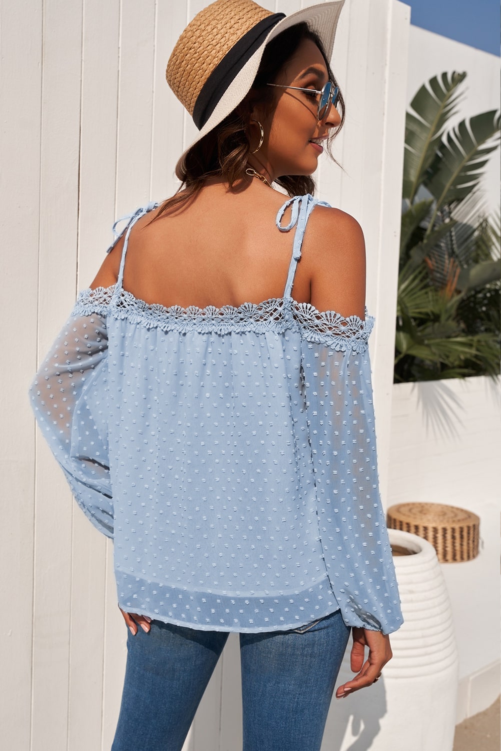 Swiss Dot Tie-Shoulder Blouse