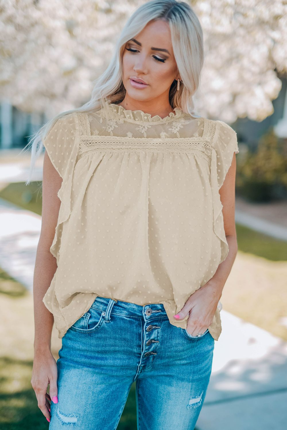 Swiss Dot Spliced Lace Flutter Sleeve Top
