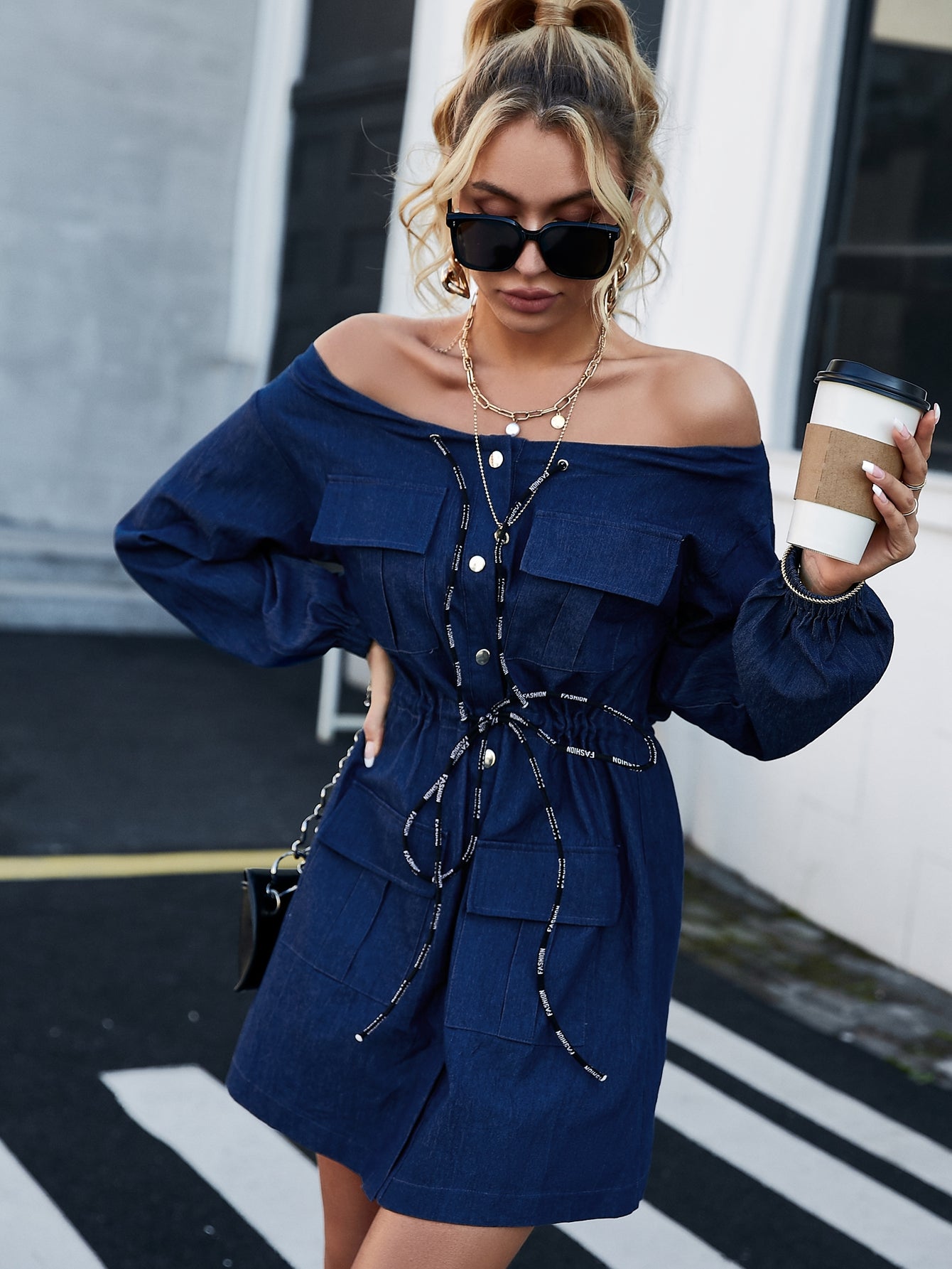 Off-Shoulder Drawstring Denim Dress with Pockets Anchor Blue Jeans Off-Shoulder Drawstring Denim Dress with Pockets Anchor Blue Jeans