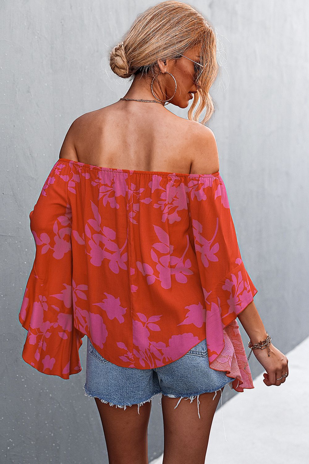 Floral Smocked Bell Sleeve Off-Shoulder Top