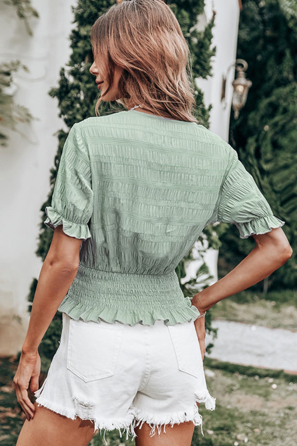 Decorative Button V-Neck Flounce Sleeve Peplum Top