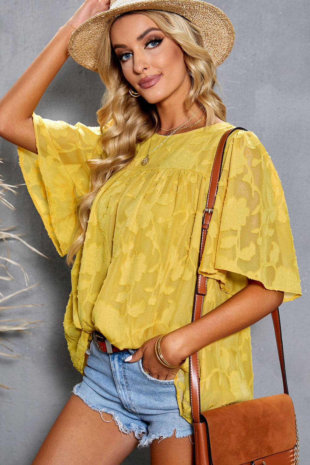 Gathered Detail Flutter Sleeve Babydoll Top