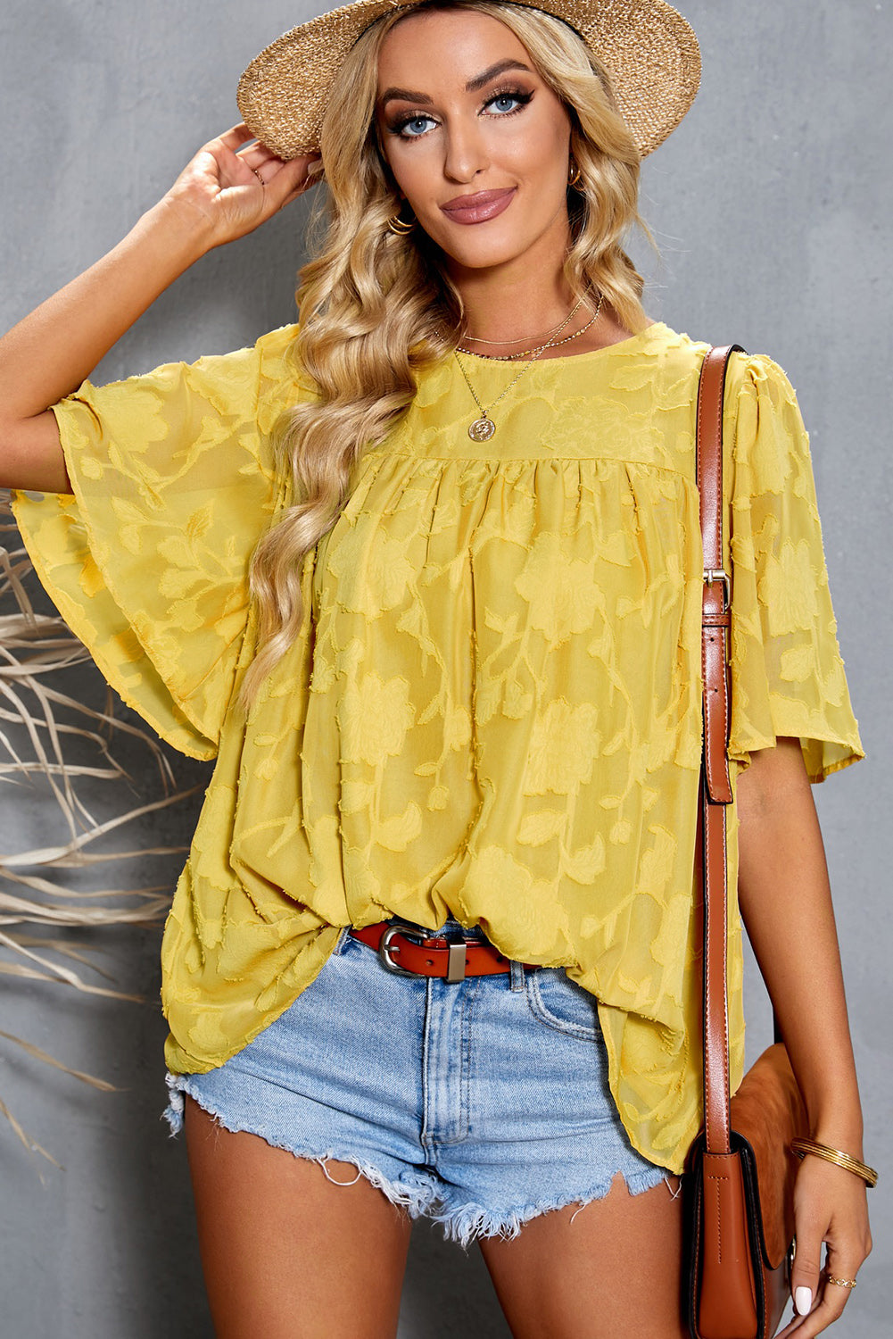 Gathered Detail Flutter Sleeve Babydoll Top
