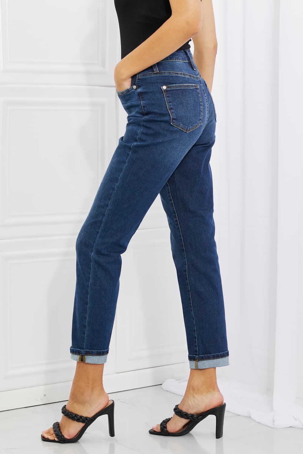 Crystal Full Size High Waisted Cuffed Boyfriend Jeans