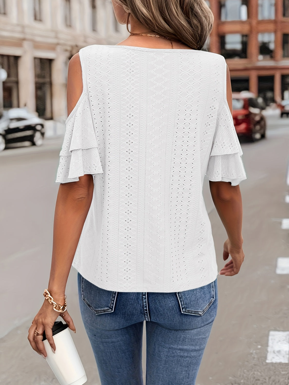 Eyelet V-Neck Cold Shoulder Blouse