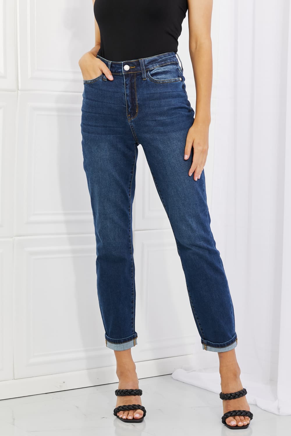 Crystal Full Size High Waisted Cuffed Boyfriend Jeans