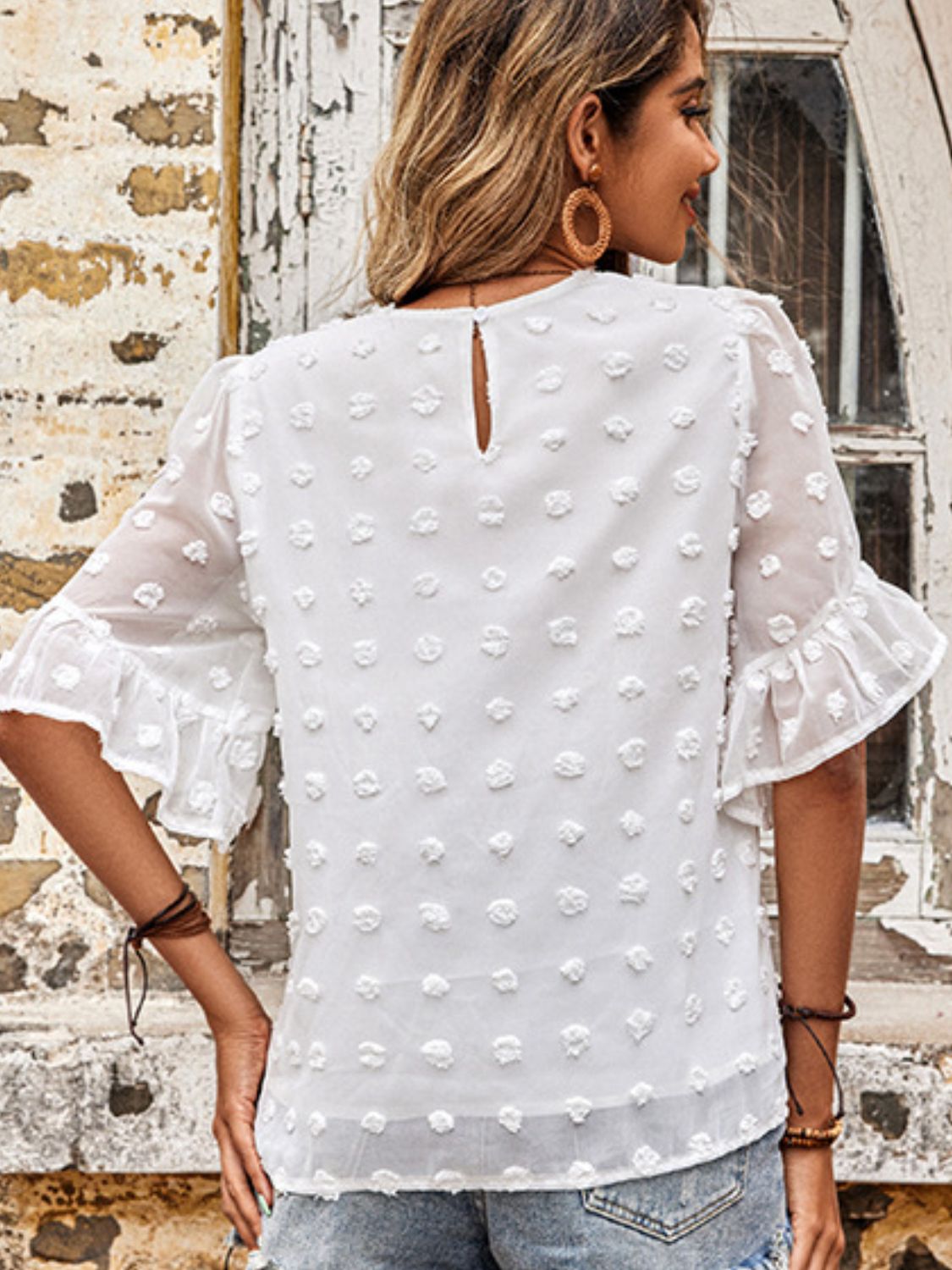 Swiss Dot Flounce Sleeve Top