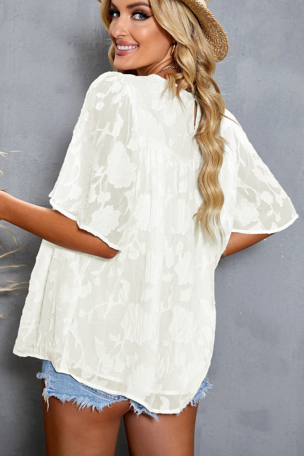 Gathered Detail Flutter Sleeve Babydoll Top