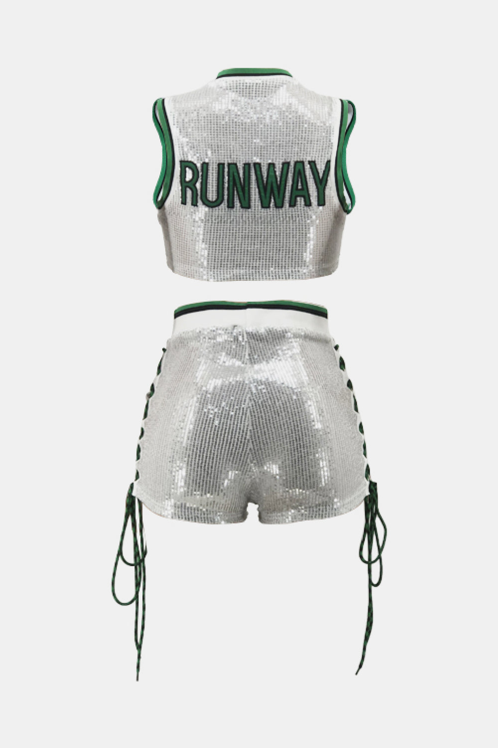 Full Size Contrast Letter Sequin Cropped Top and Lace-Up Shorts Set