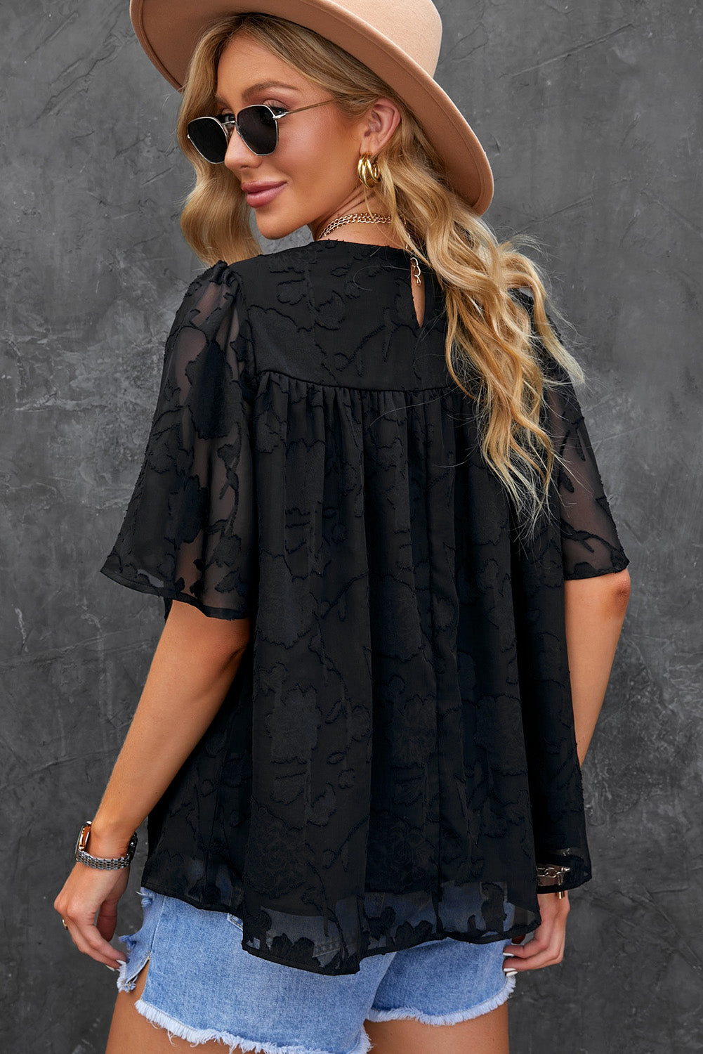 Gathered Detail Flutter Sleeve Babydoll Top