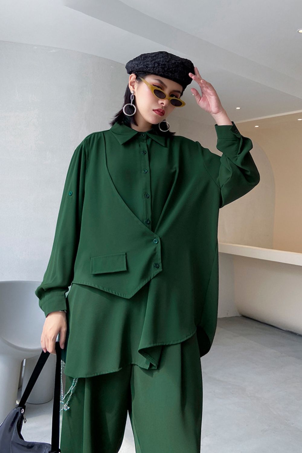 Button Down Asymmetrical Top and Chain Detail Pants Set