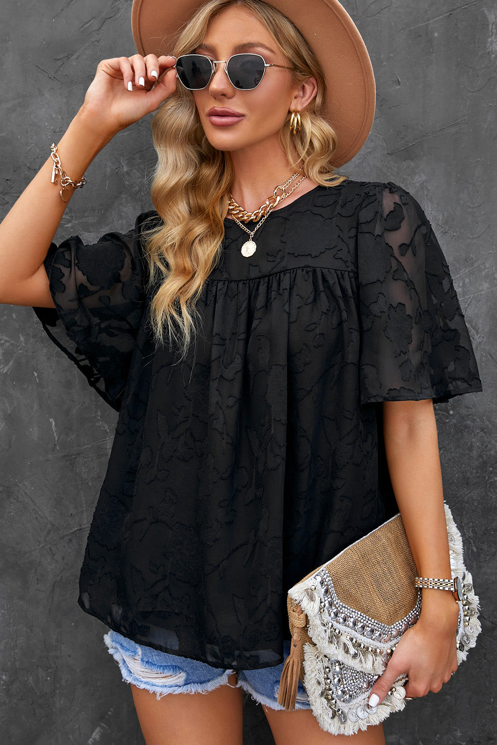 Gathered Detail Flutter Sleeve Babydoll Top
