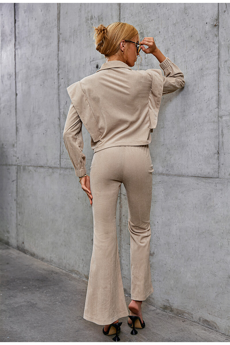 Button Front Corduroy Top and Flare Pants Set