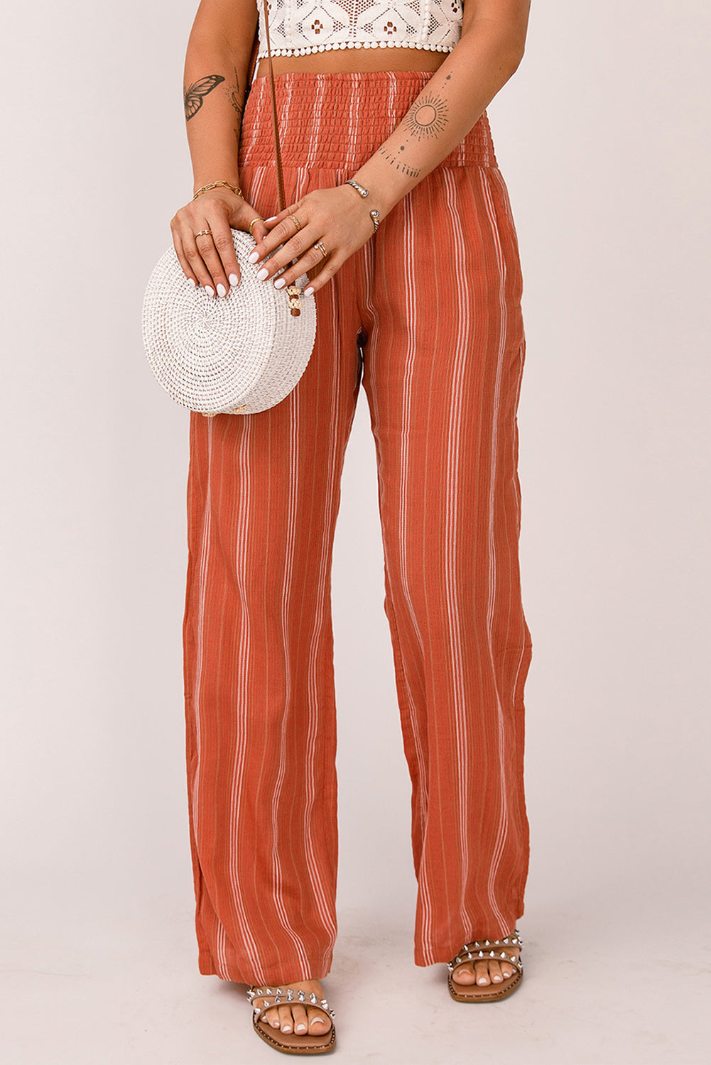 Striped High Waist Smocked Straight Leg Pants