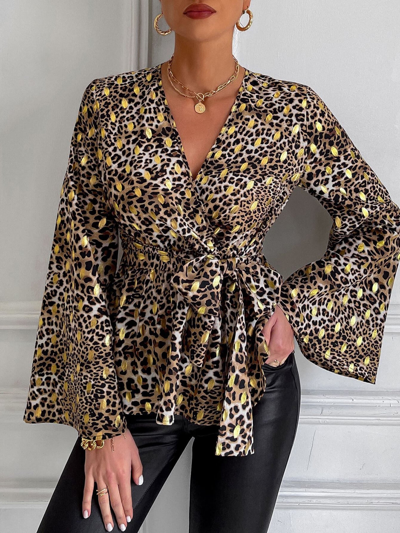 Mixed Print Tie-Waist Bell Sleeve Blouse