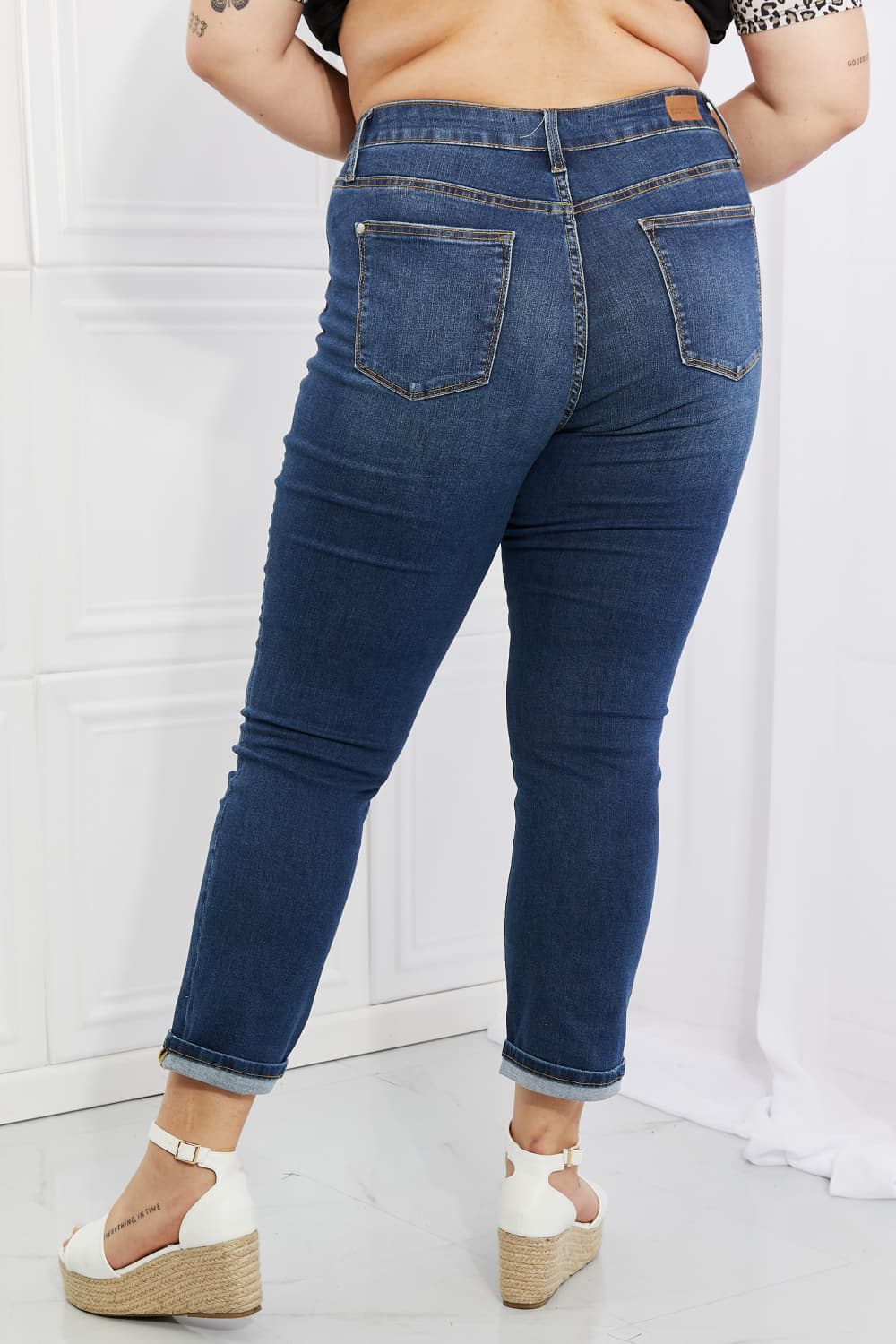 Crystal Full Size High Waisted Cuffed Boyfriend Jeans
