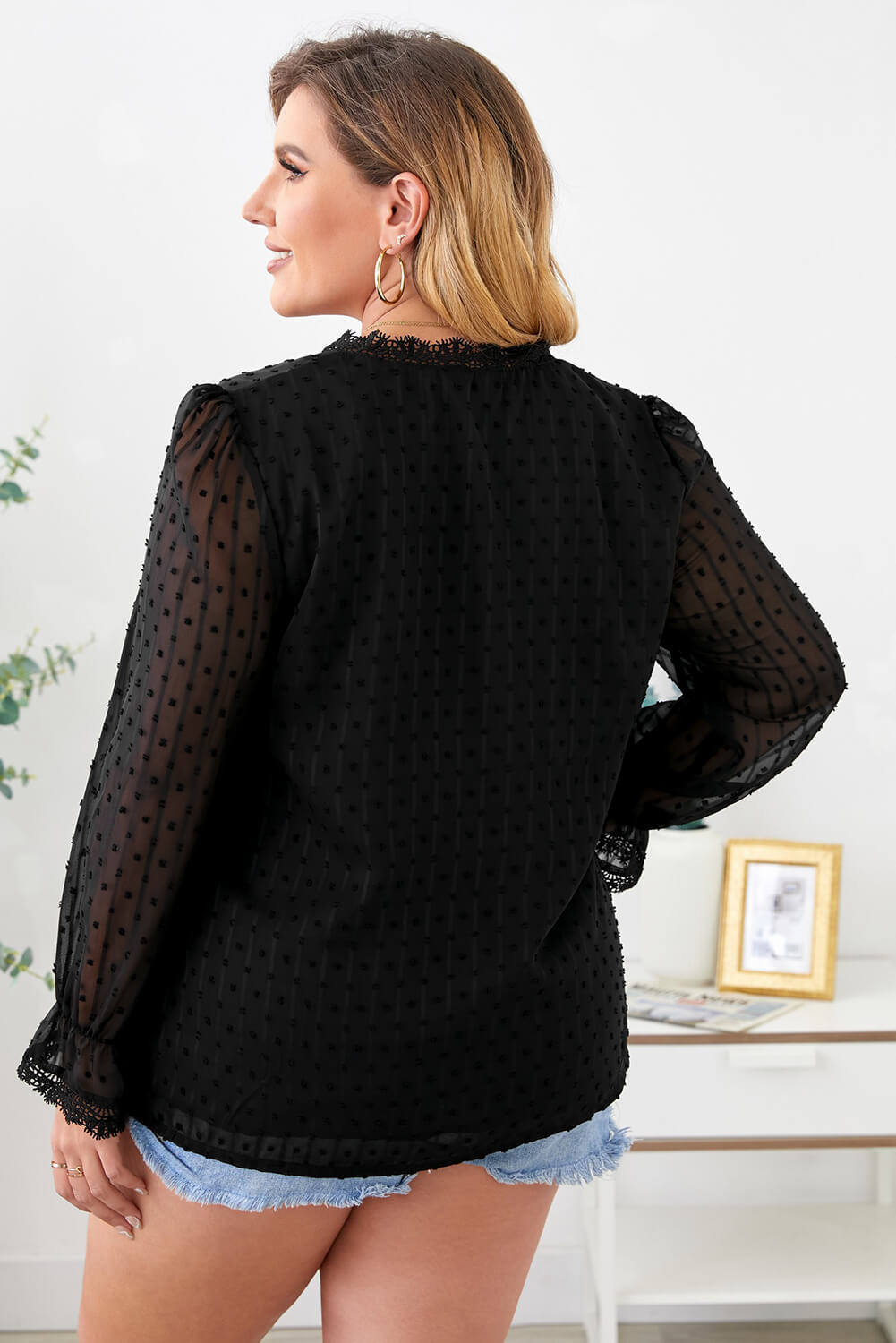Plus Size Swiss Dot Lace Trim Blouse