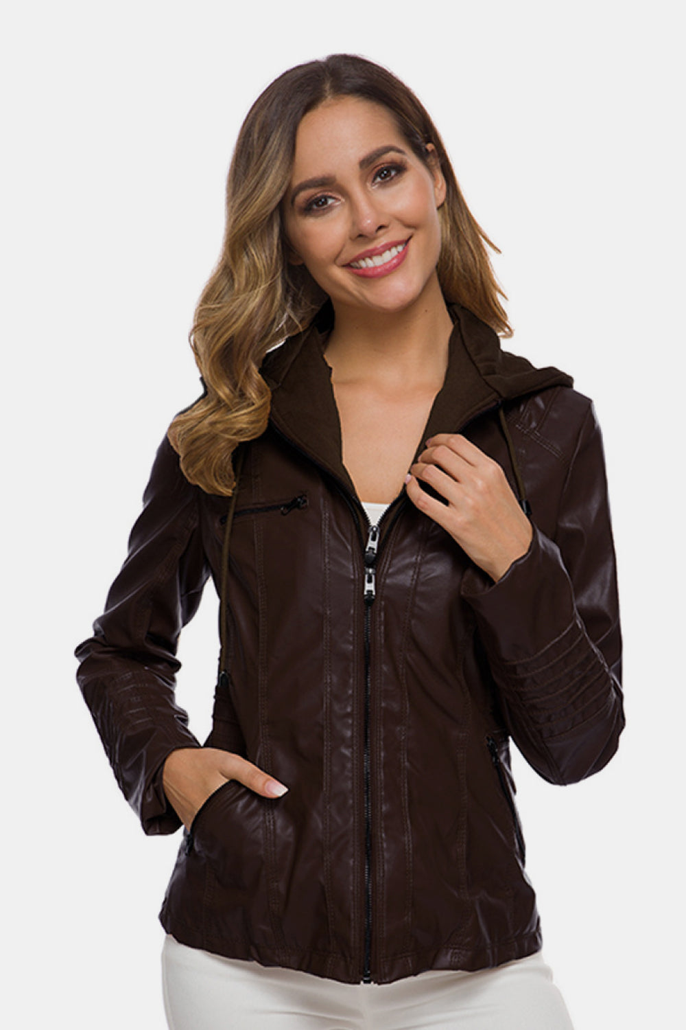 Zipper Front Hooded PU Leather Jacket