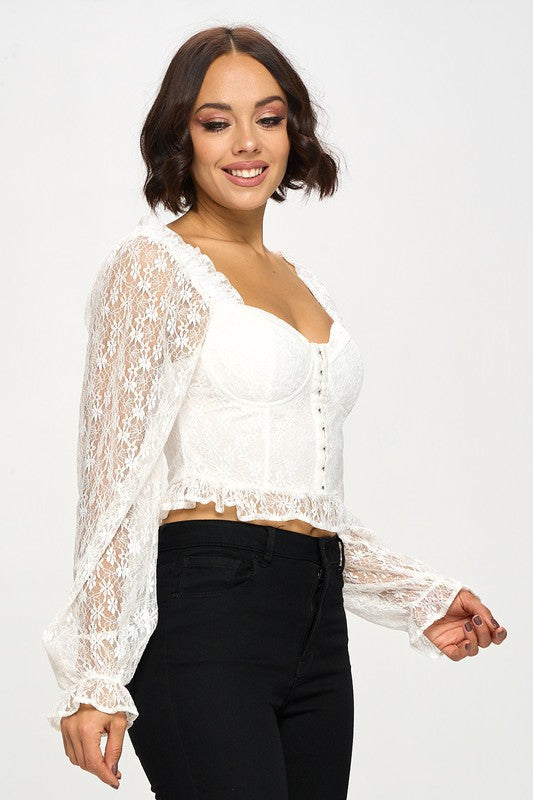 Lace Corset Flounce Sleeve Cropped Top