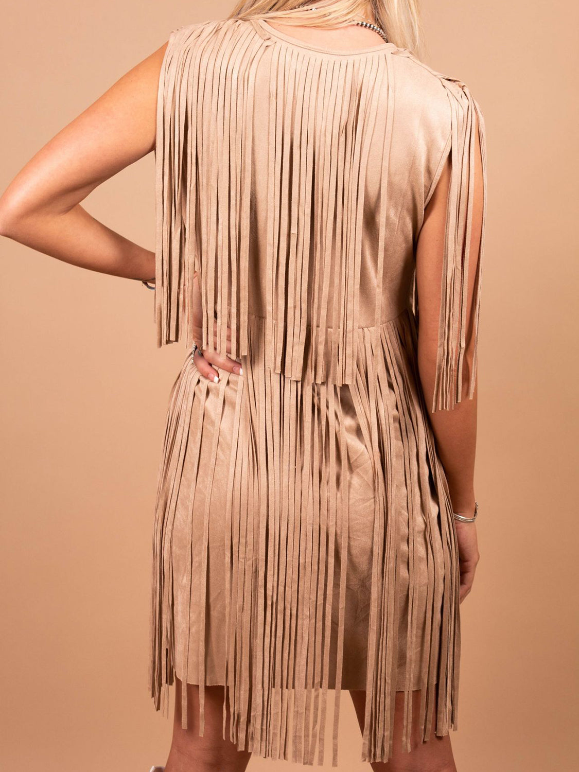Full Size Fringe V-Neck Sleeveless Mini Dress