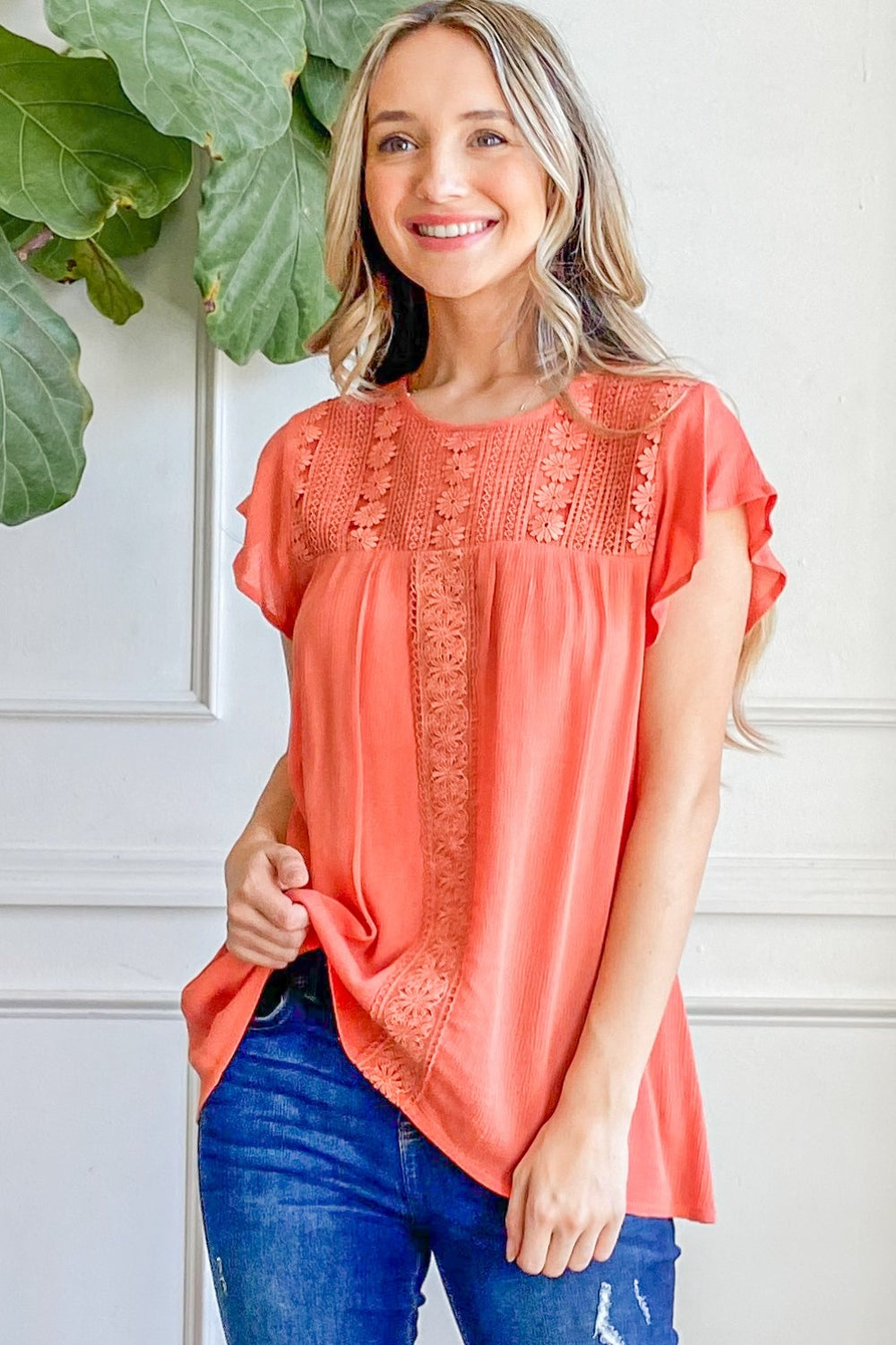 Why Lace And The Why Lace Detail Ruffle Short Sleeve Blouse – Anchor Blue Jeans