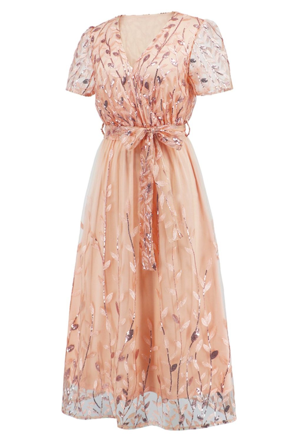Sequin Leaf Embroidery Tie Front Short Sleeve Dress
