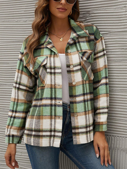 Plaid Collared Neck Long Sleeve Jacket