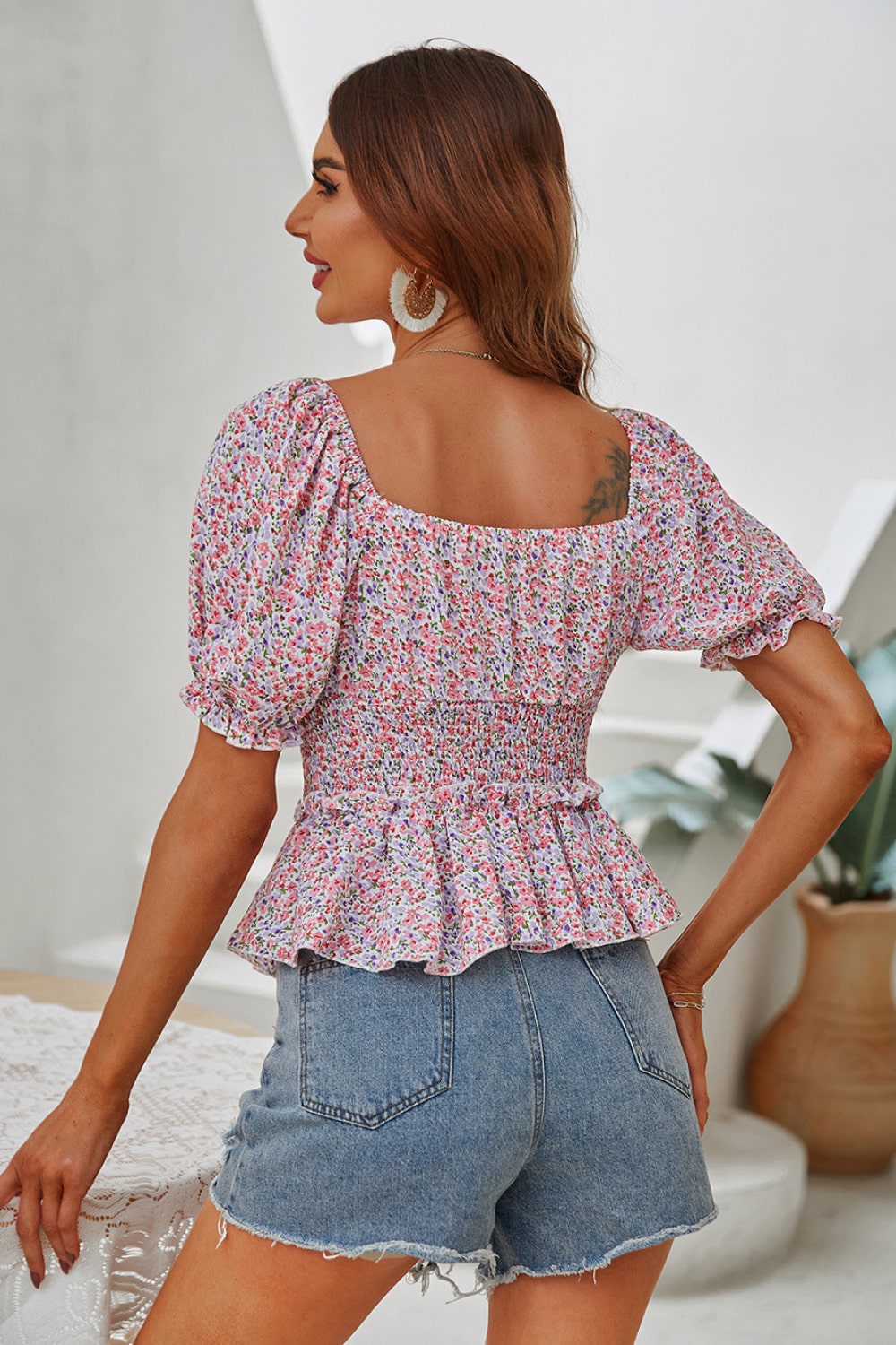 Ditsy Floral Smocked Flounce Sleeve Peplum Blouse