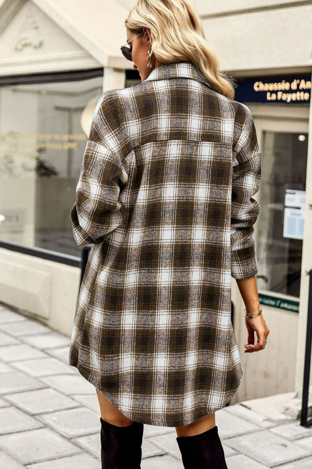 Plaid Curved Hem Longline Shirt Jacket