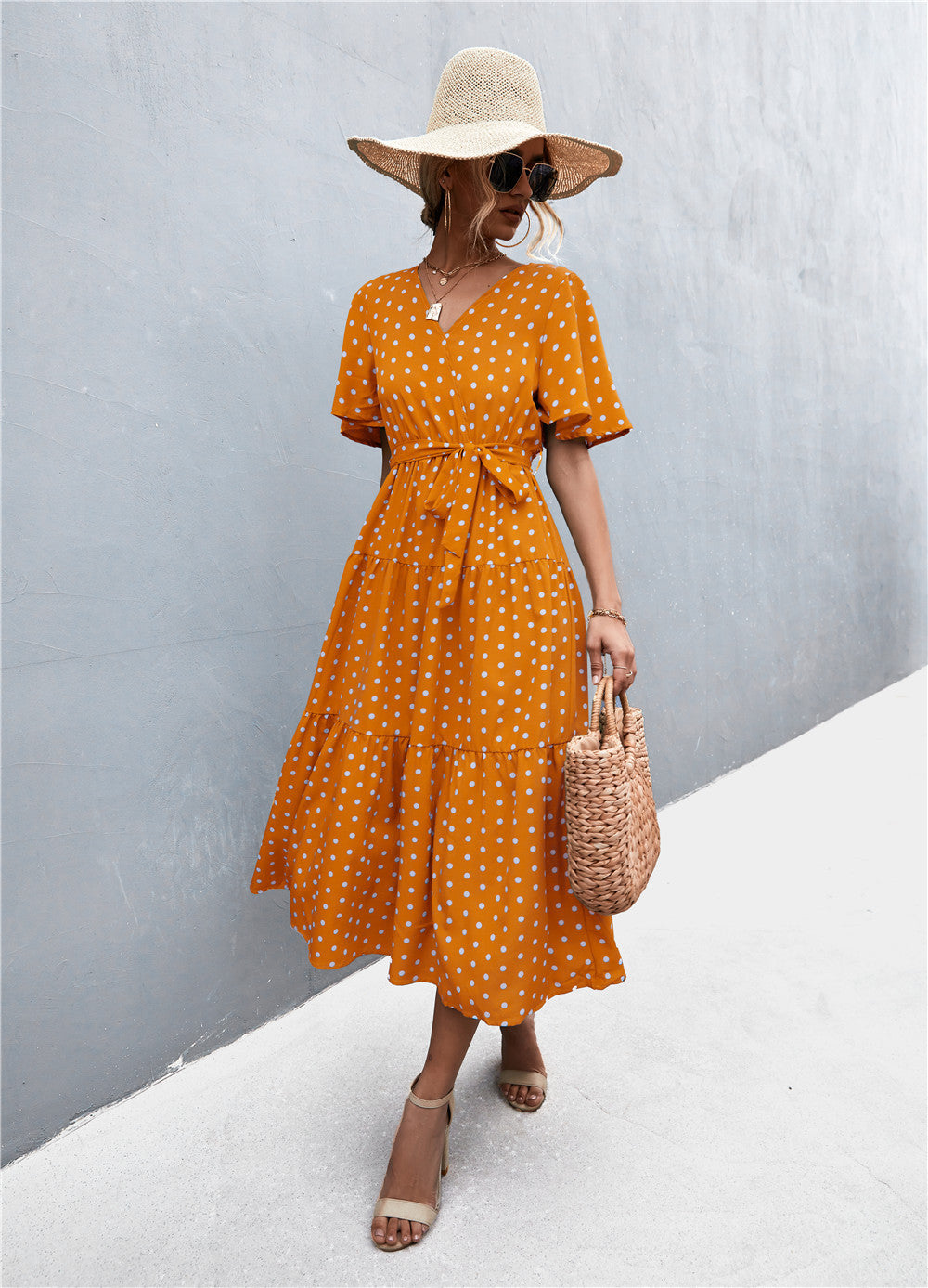 Printed V-Neck Flutter Sleeve Belted Dress