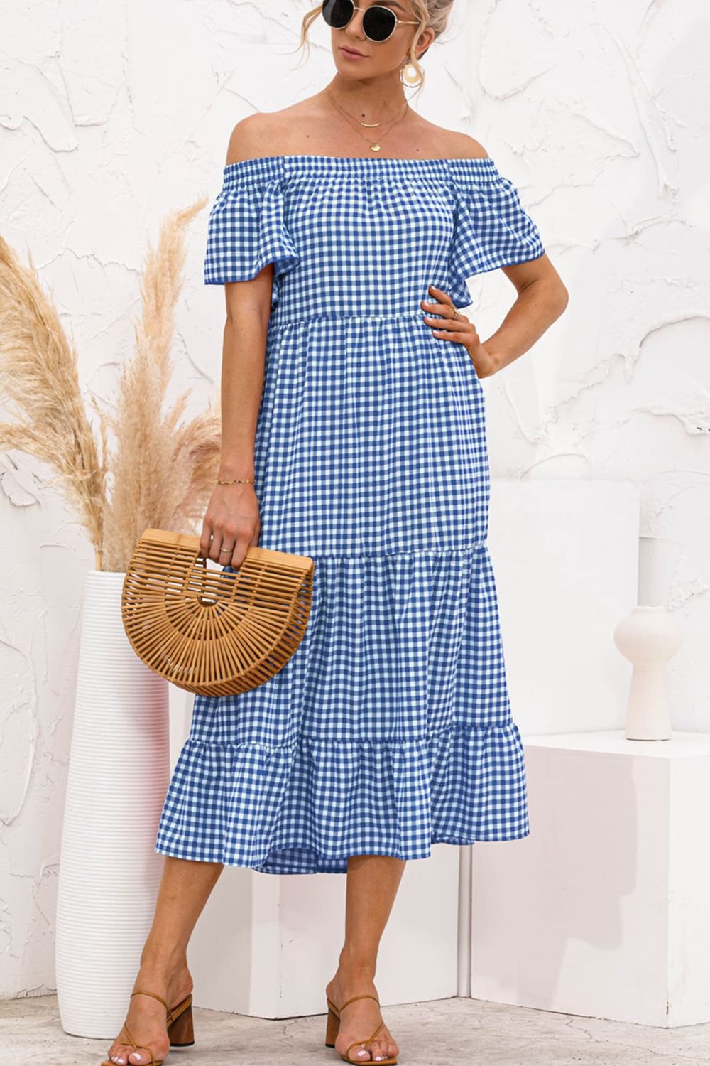 Plaid Off-Shoulder Tiered Midi Dress Anchor Blue Jeans Plaid Off-Shoulder Tiered Midi Dress Anchor Blue Jeans