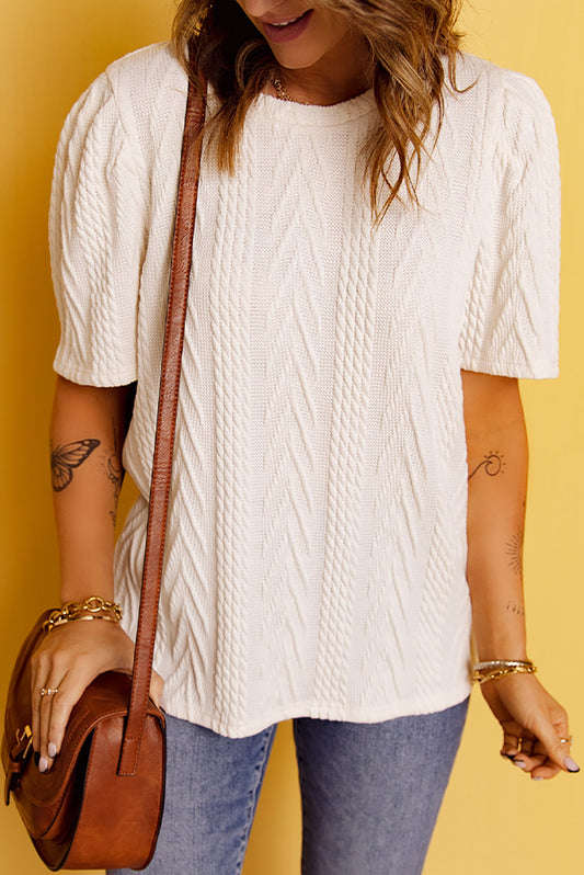 Waffle Knit Half Sleeve Round Neck Top
