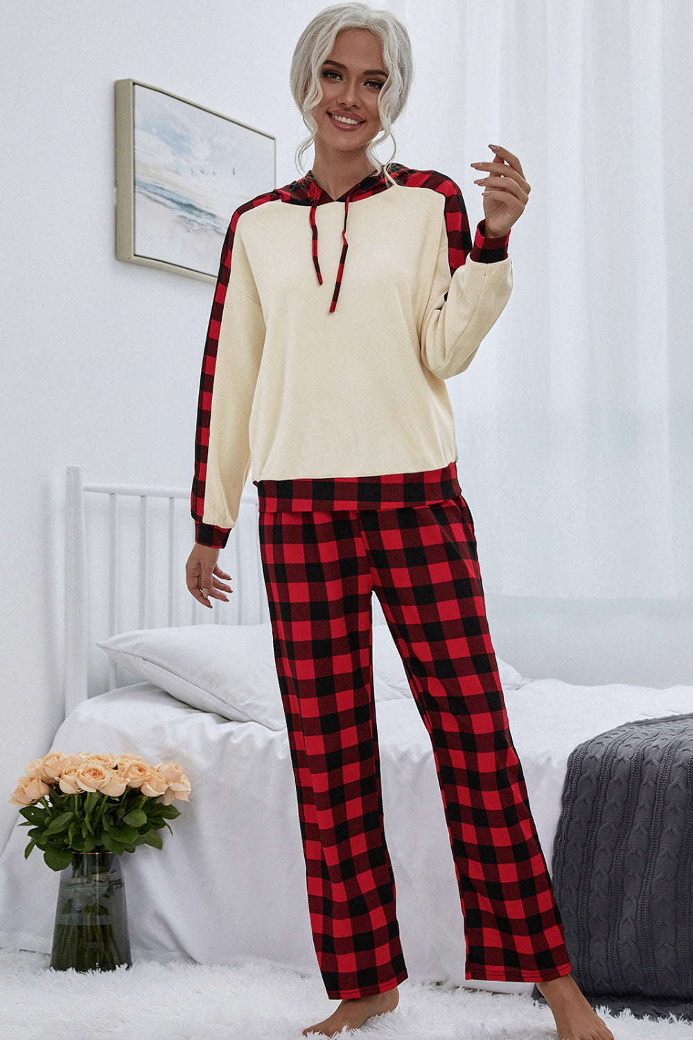 Buffalo Plaid Drawstring Hoodie and Pants Set