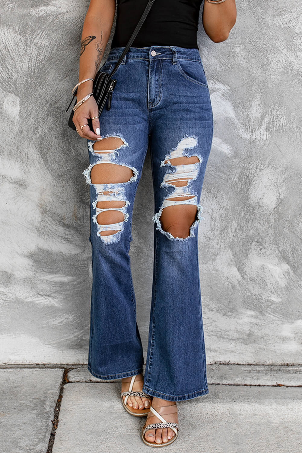 Distressed High Waist Flare Jeans - Anchor Blue Jeans