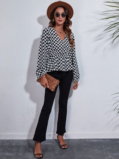 Checkered V-Neck Balloon Sleeve Peplum Blouse