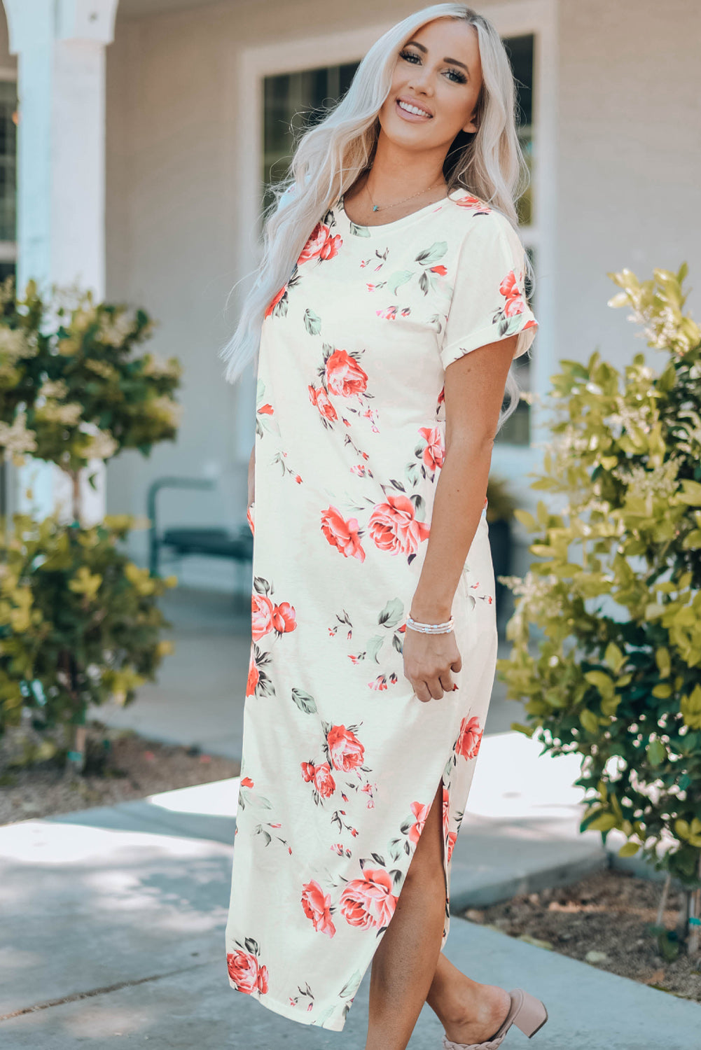 Floral Side Slit Cuffed Sleeve Midi Dress