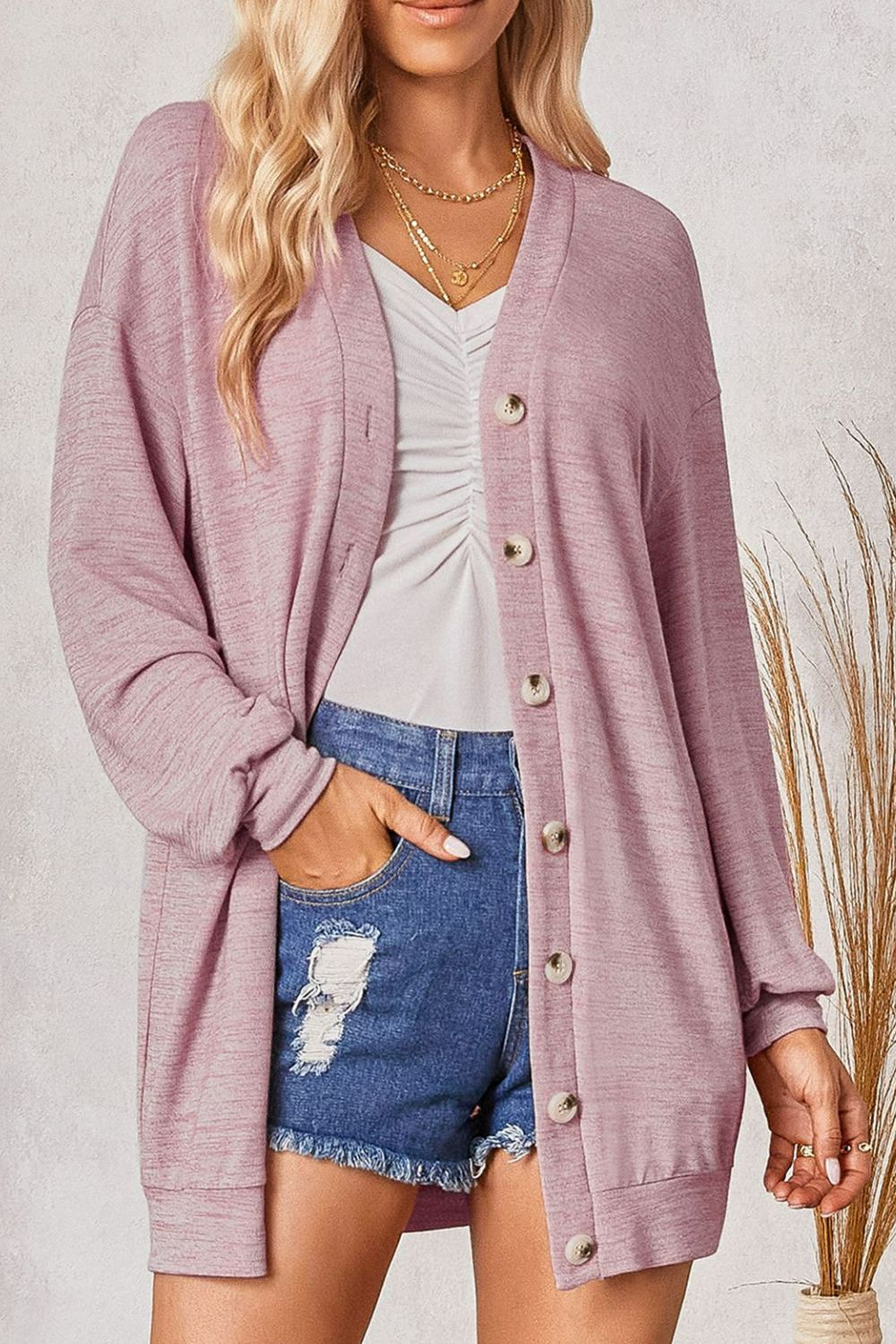 Heathered Button Down Dropped Shoulder V-Neck Cardigan