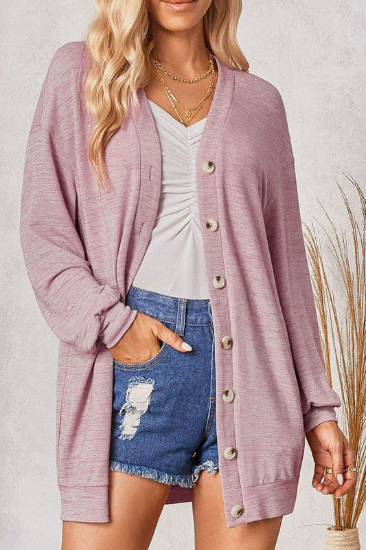 Heathered Button Down Dropped Shoulder V-Neck Cardigan