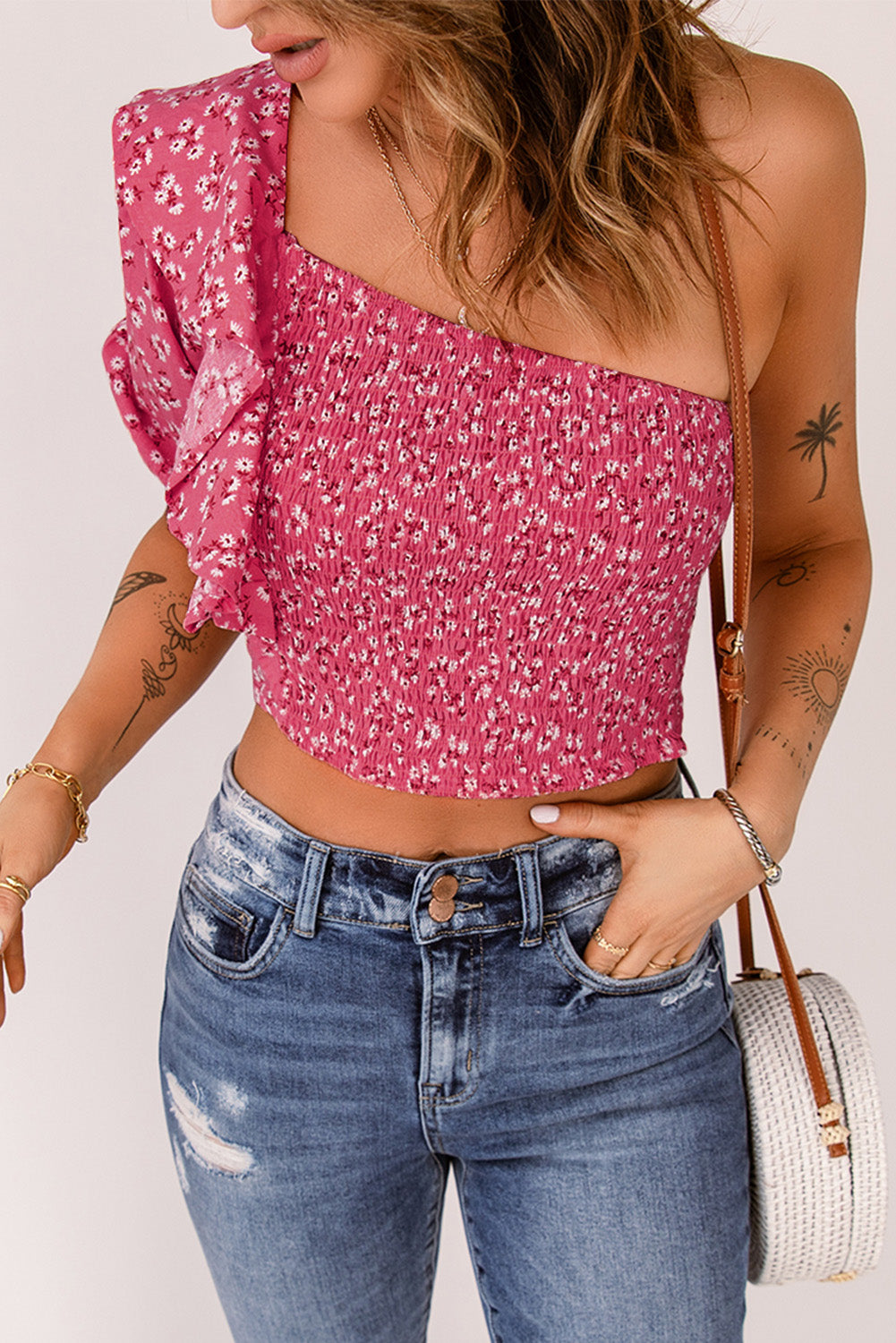 Ditsy Floral Ruffled One-Shoulder Smocked Top
