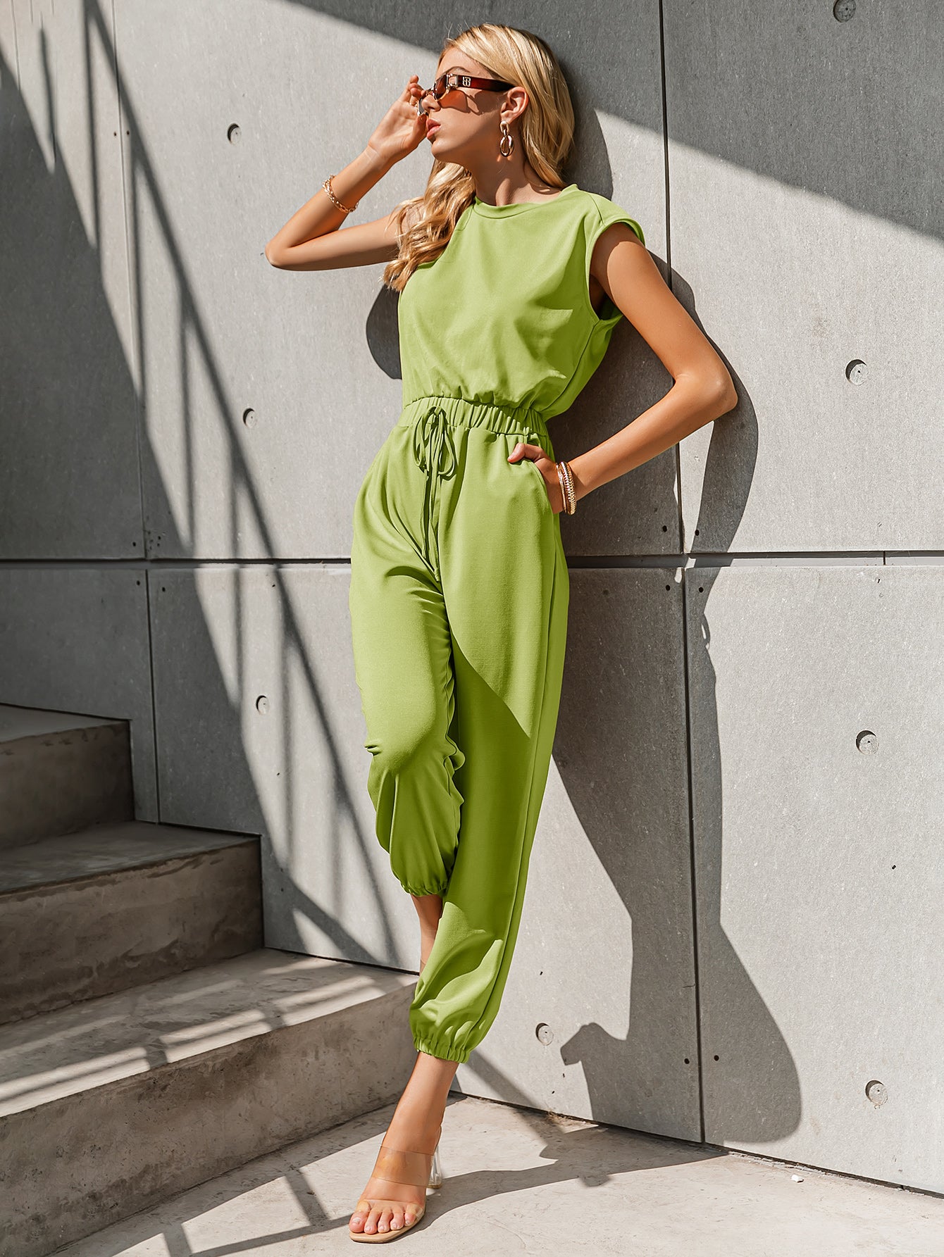 Capped Sleeve Drawstring Waist Jogger Jumpsuit