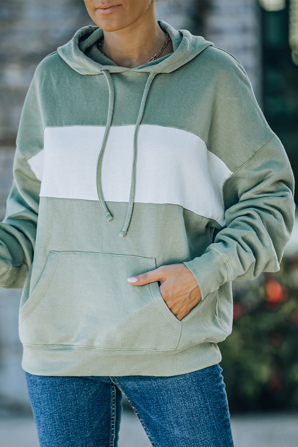 Two-Tone Dropped Shoulder Drawstring Hoodie