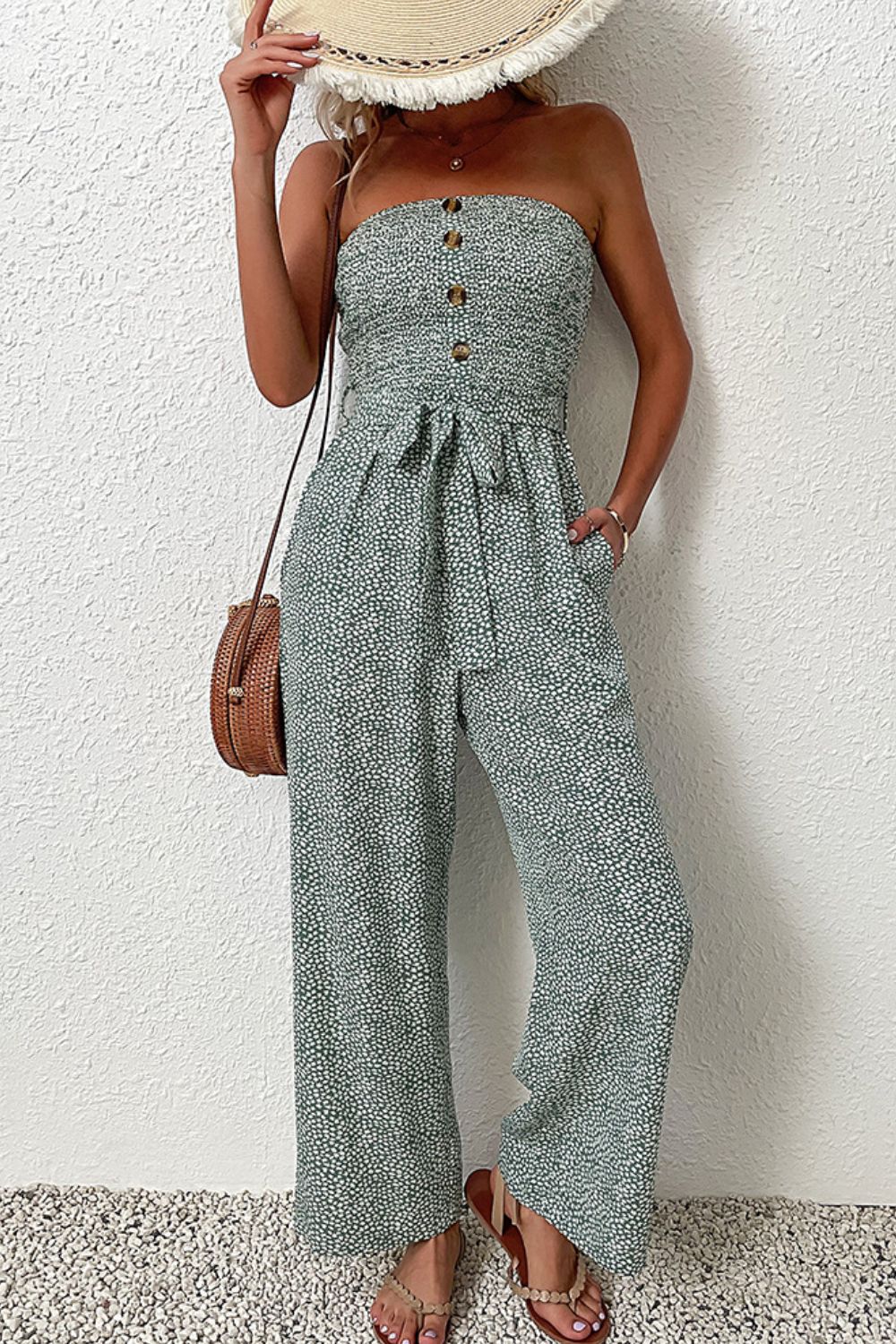 Printed Strapless Jumpsuit with Pockets