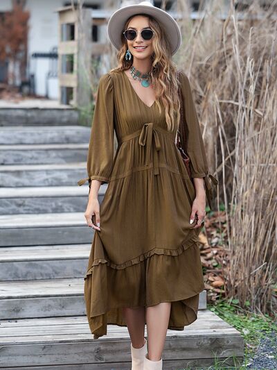 Ruched Frill Long Sleeve Tiered Dress