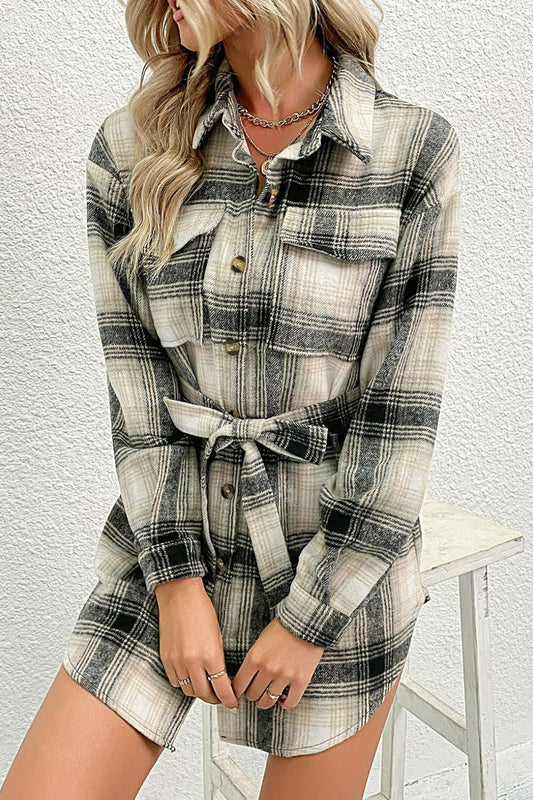 Plaid Button Down Belted Shirt Jacket