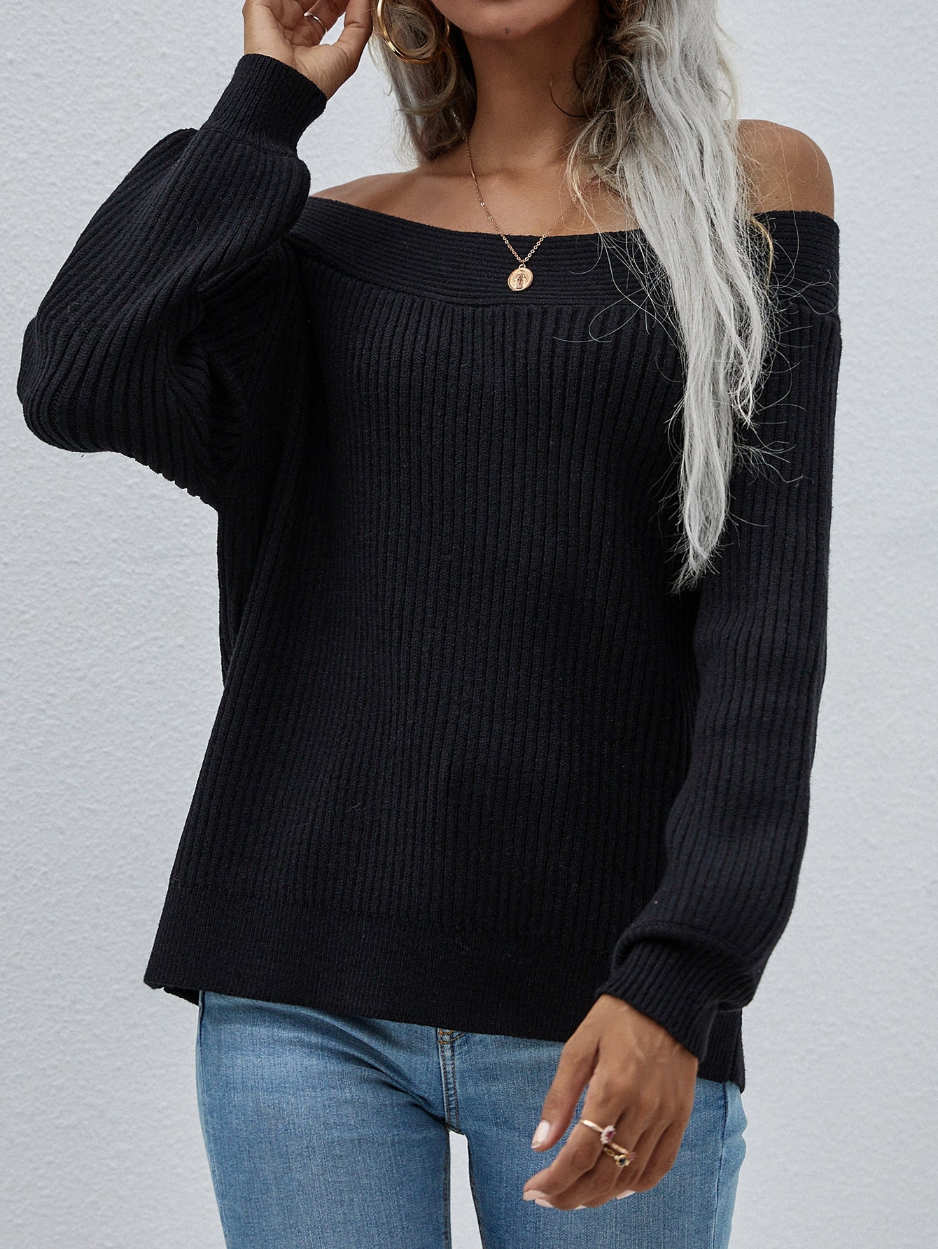 Off Shoulder Rib Knit Sweater Anchor Blue Jeans