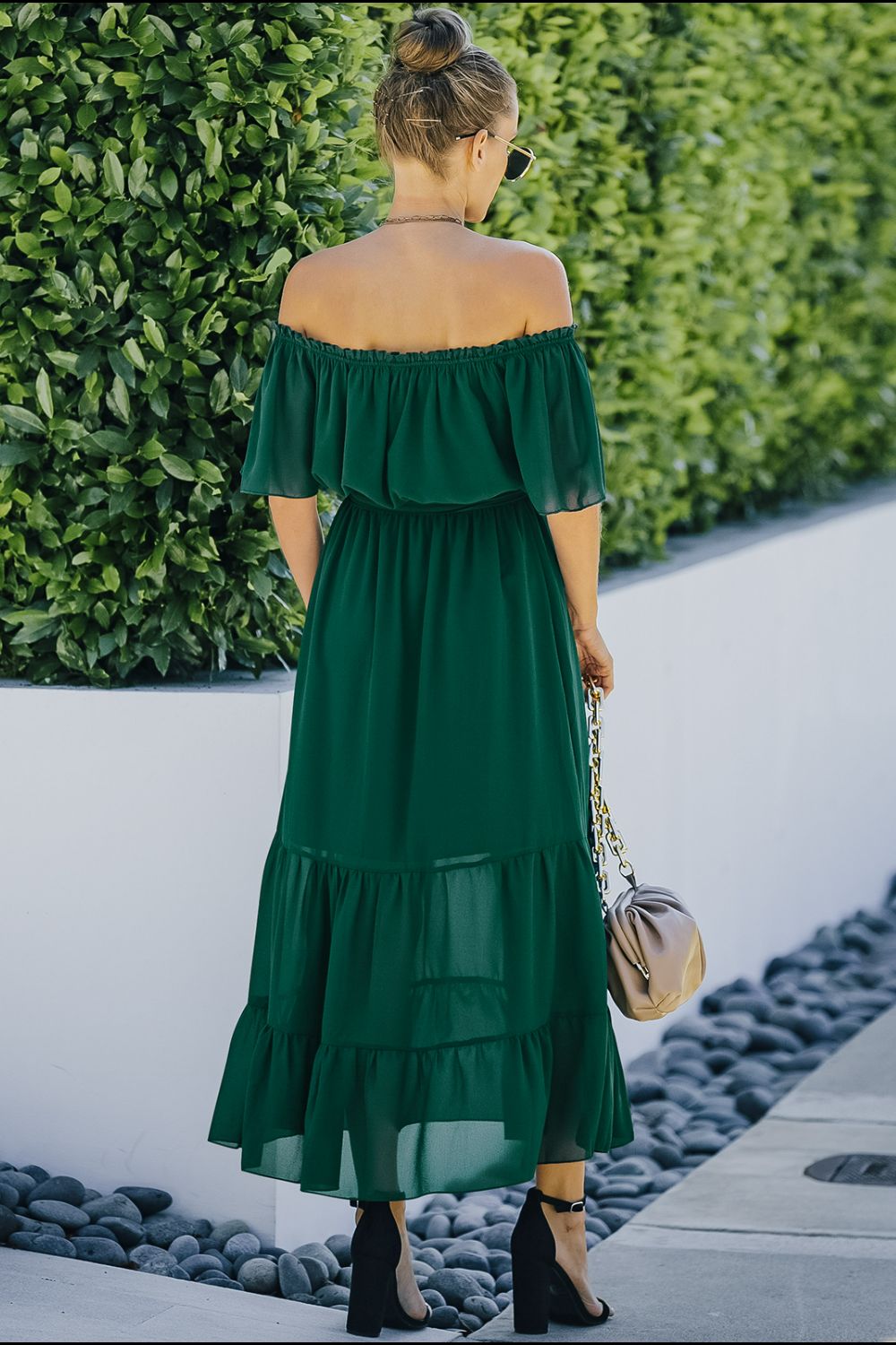 Tie Front Off-Shoulder Belted Tiered Maxi Dress