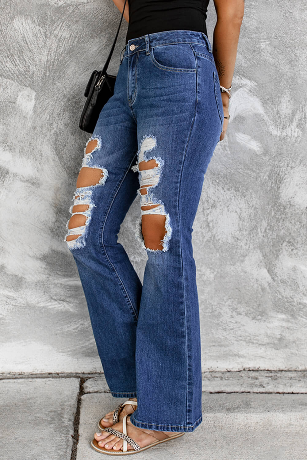 Distressed High Waist Flare Jeans - Anchor Blue Jeans
