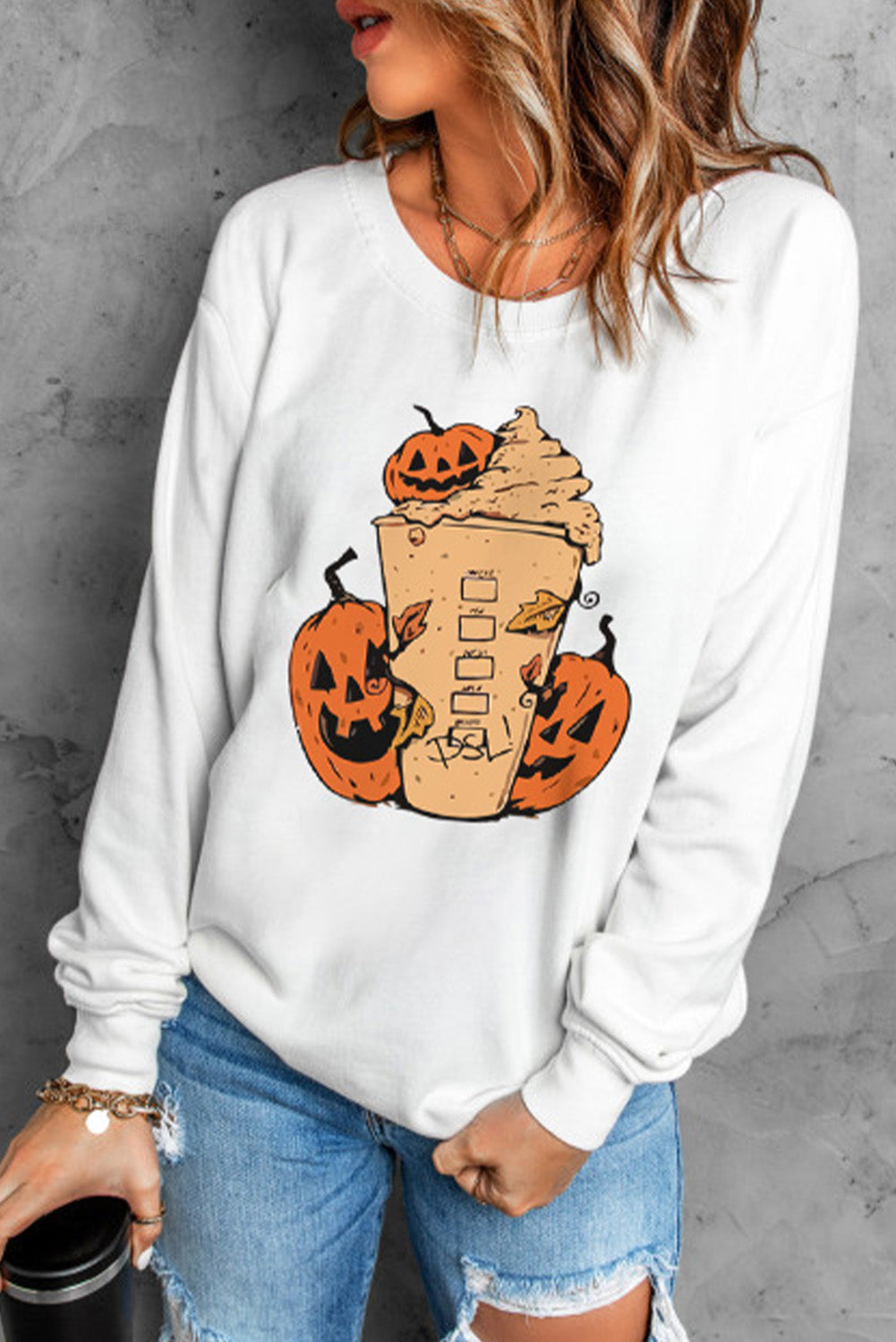 Halloween Pumpkin Graphic Round Neck Sweatshirt