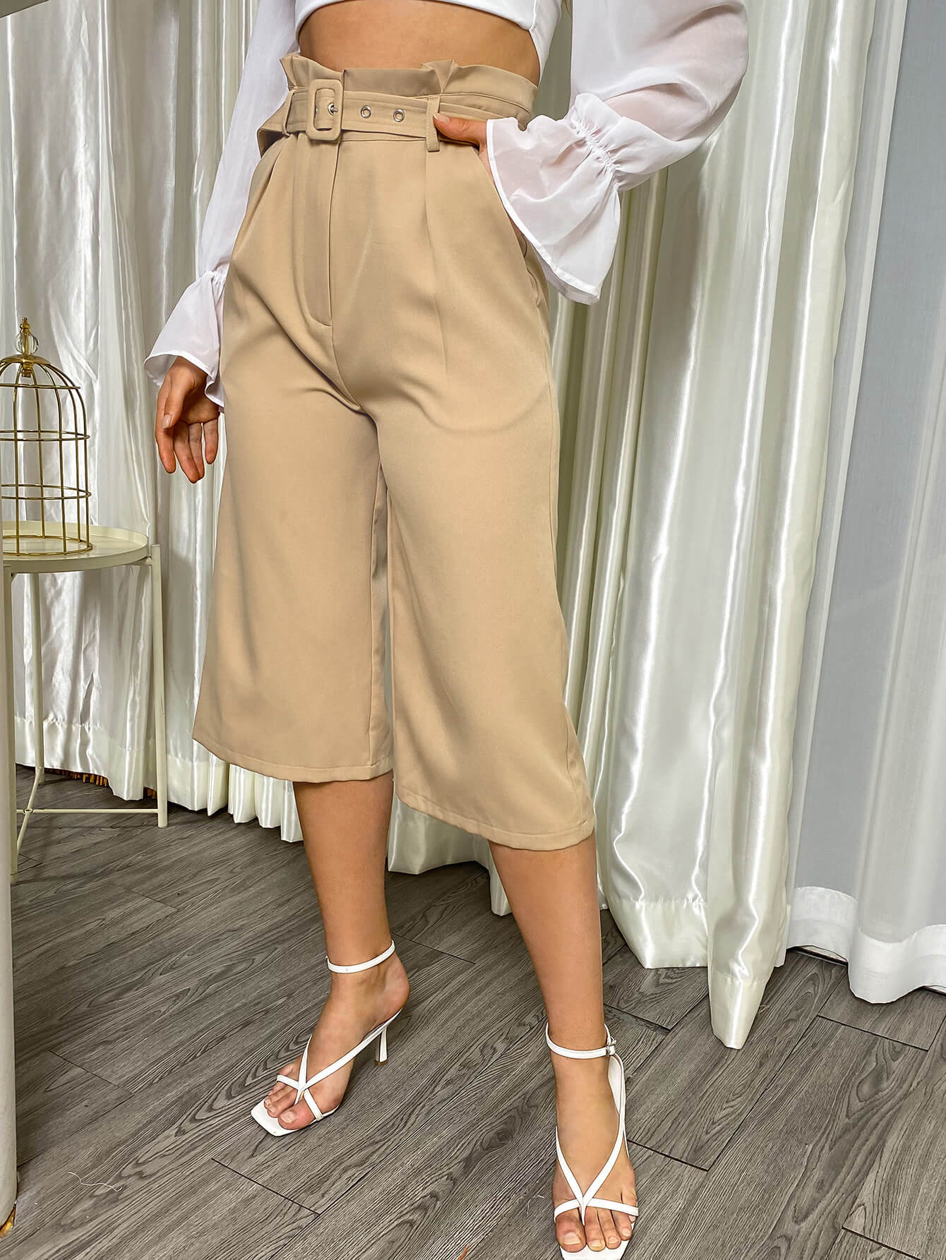 Belted Paperbag Wide Leg Pants