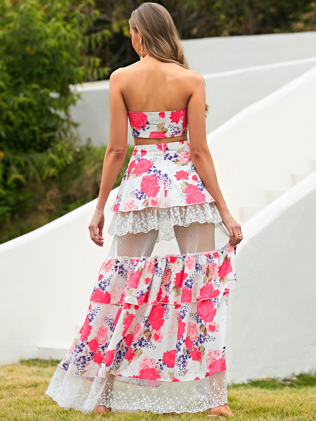Floral Tie Front Cropped Top and Spliced Lace Skirt Set